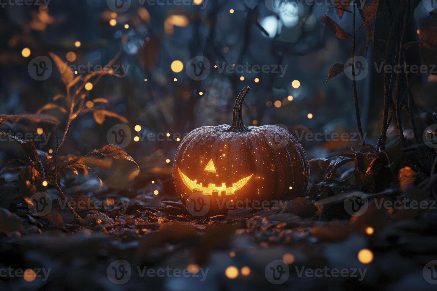 Glowing Jack O Lantern in Dark Woods with Bokeh Lights photo