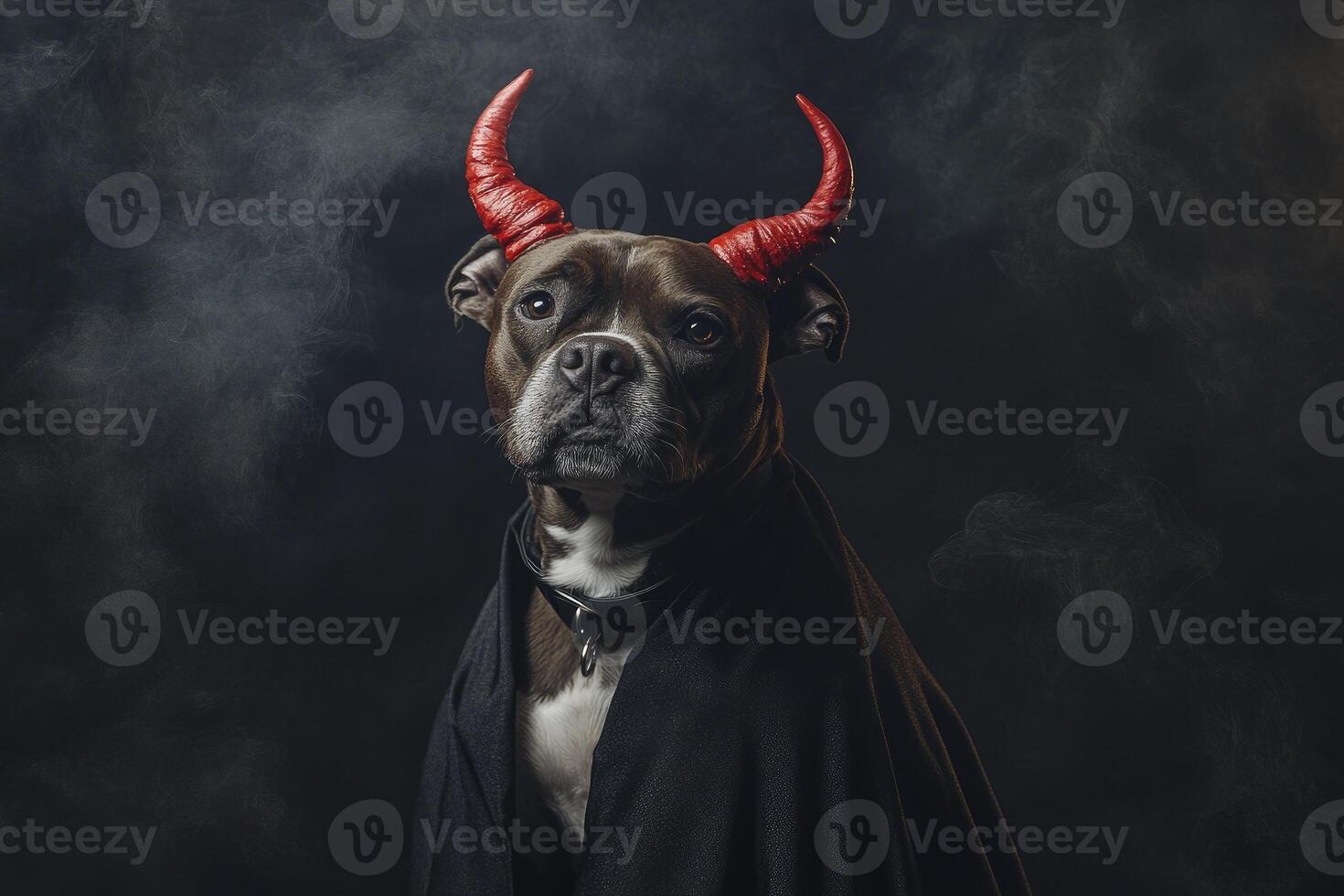 Dog Portrait with Red Horns and Black Cape in Dark Halloween Setting photo