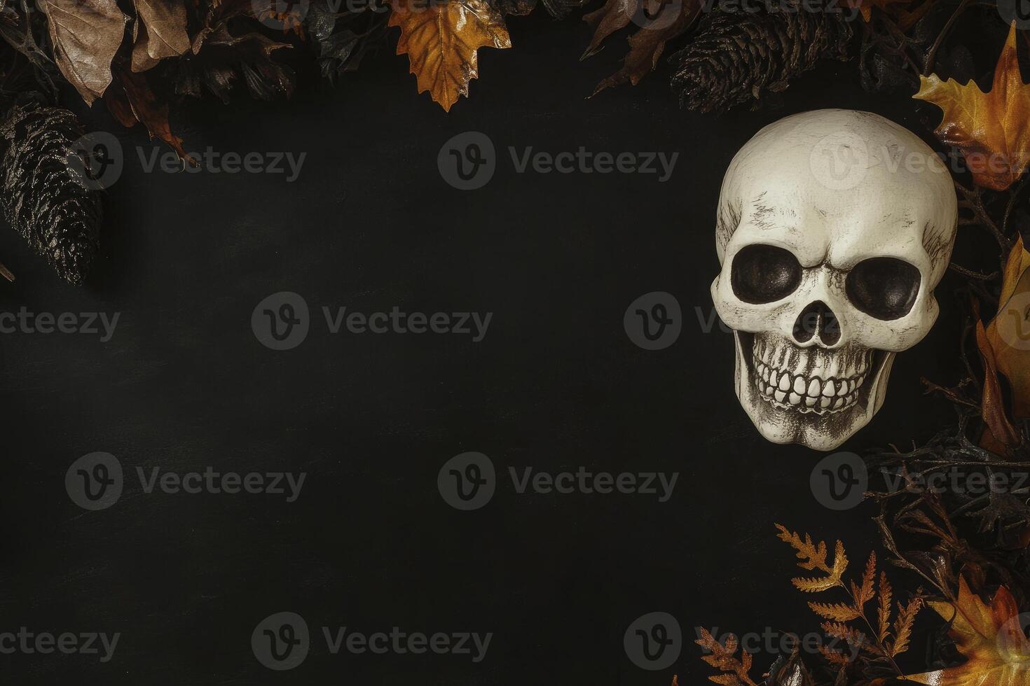 Skull and Autumn Leaves on Dark Background for Halloween Concept photo