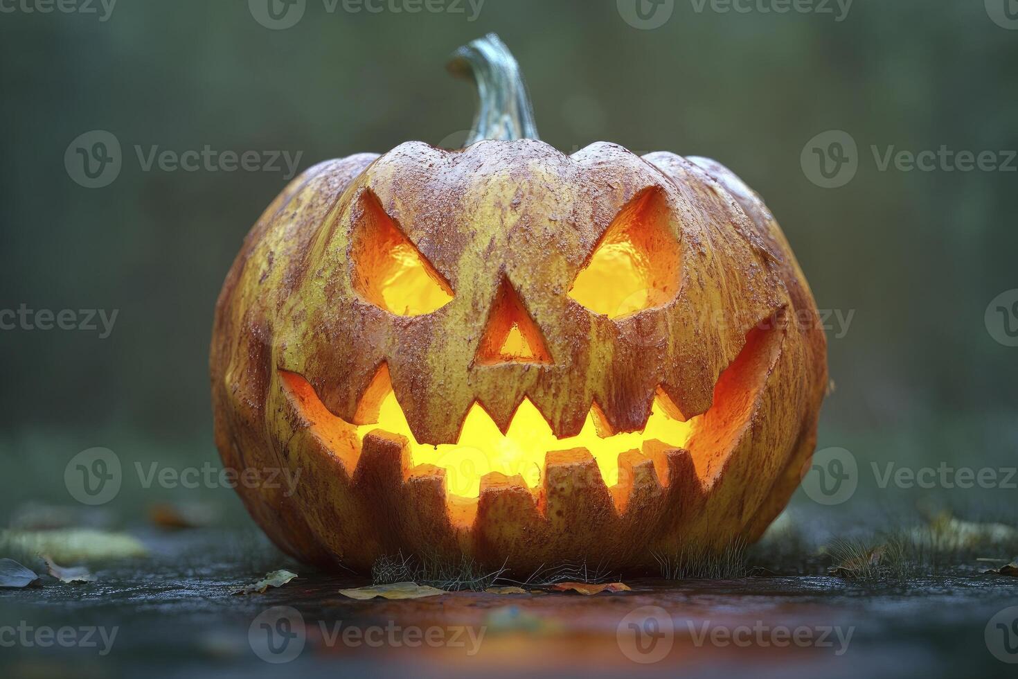 Illuminated Jack O Lantern Displayed Outdoors for a Festive Halloween photo