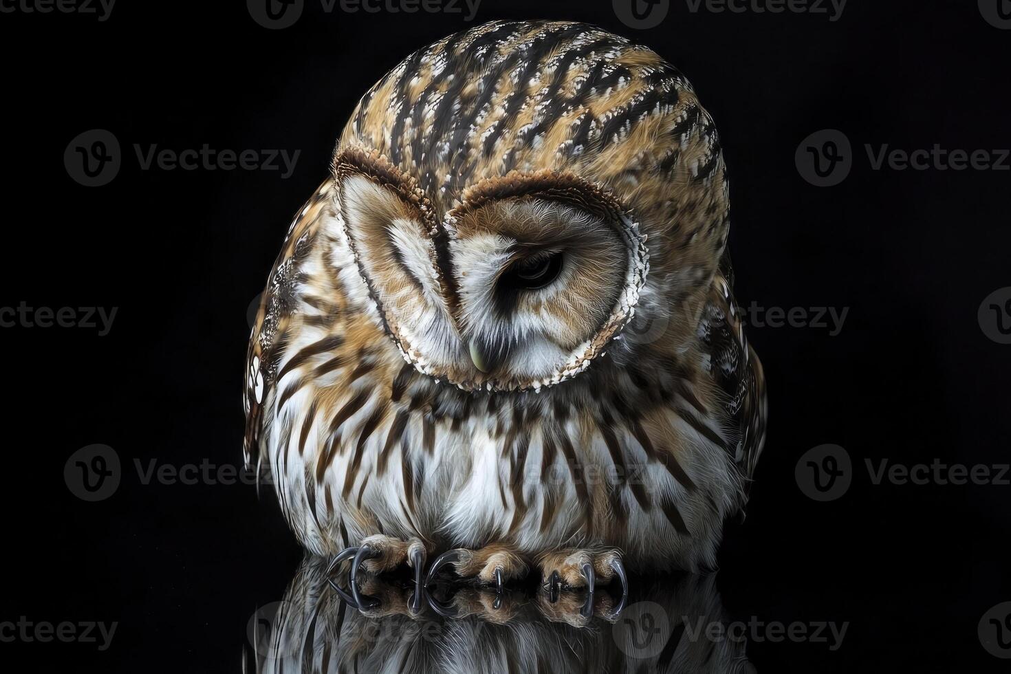 Captivating Short Eared Owl Posing with Dark Background and Reflection photo