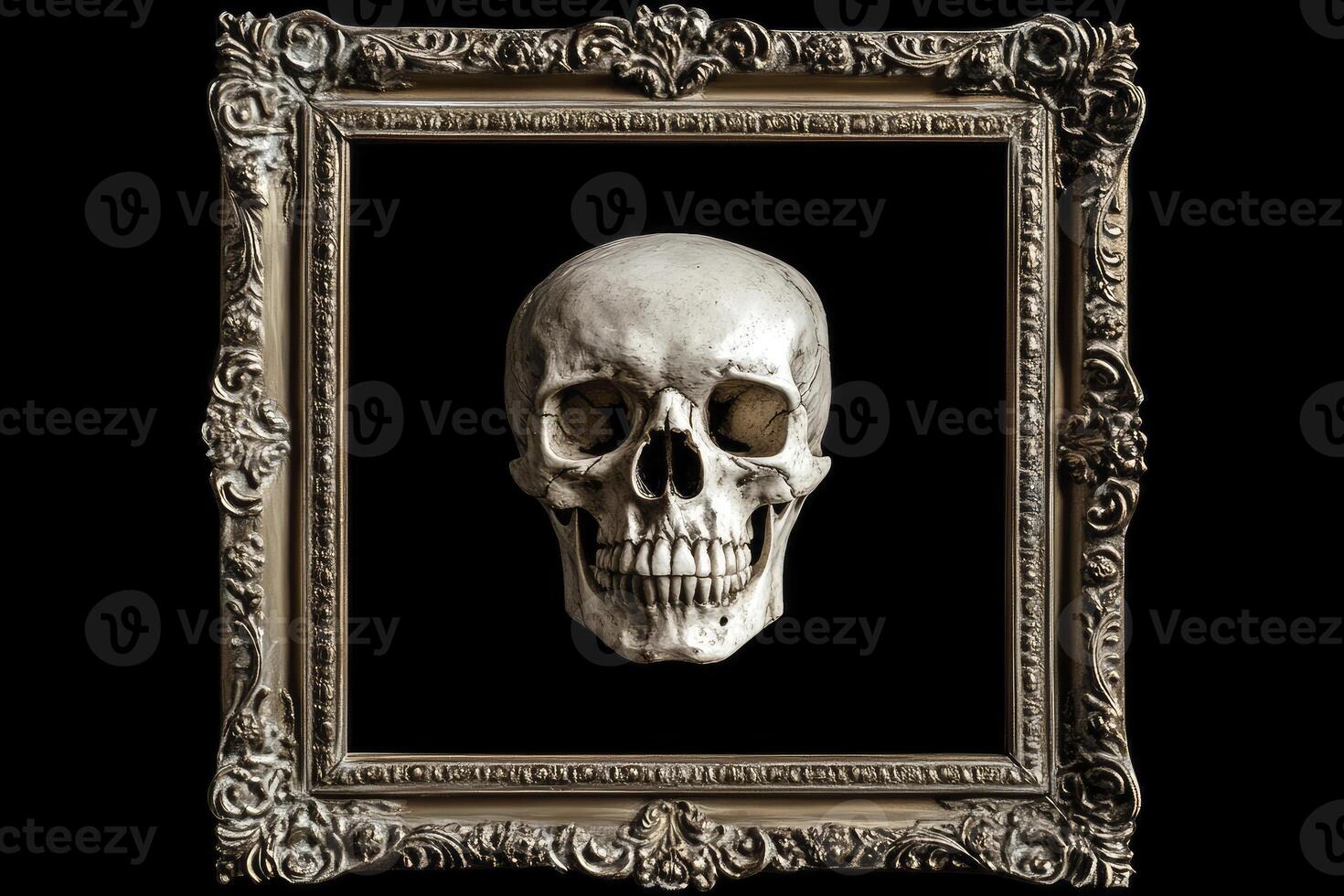 Human Skull in Ornate Frame Isolated on Black for Art Concept photo