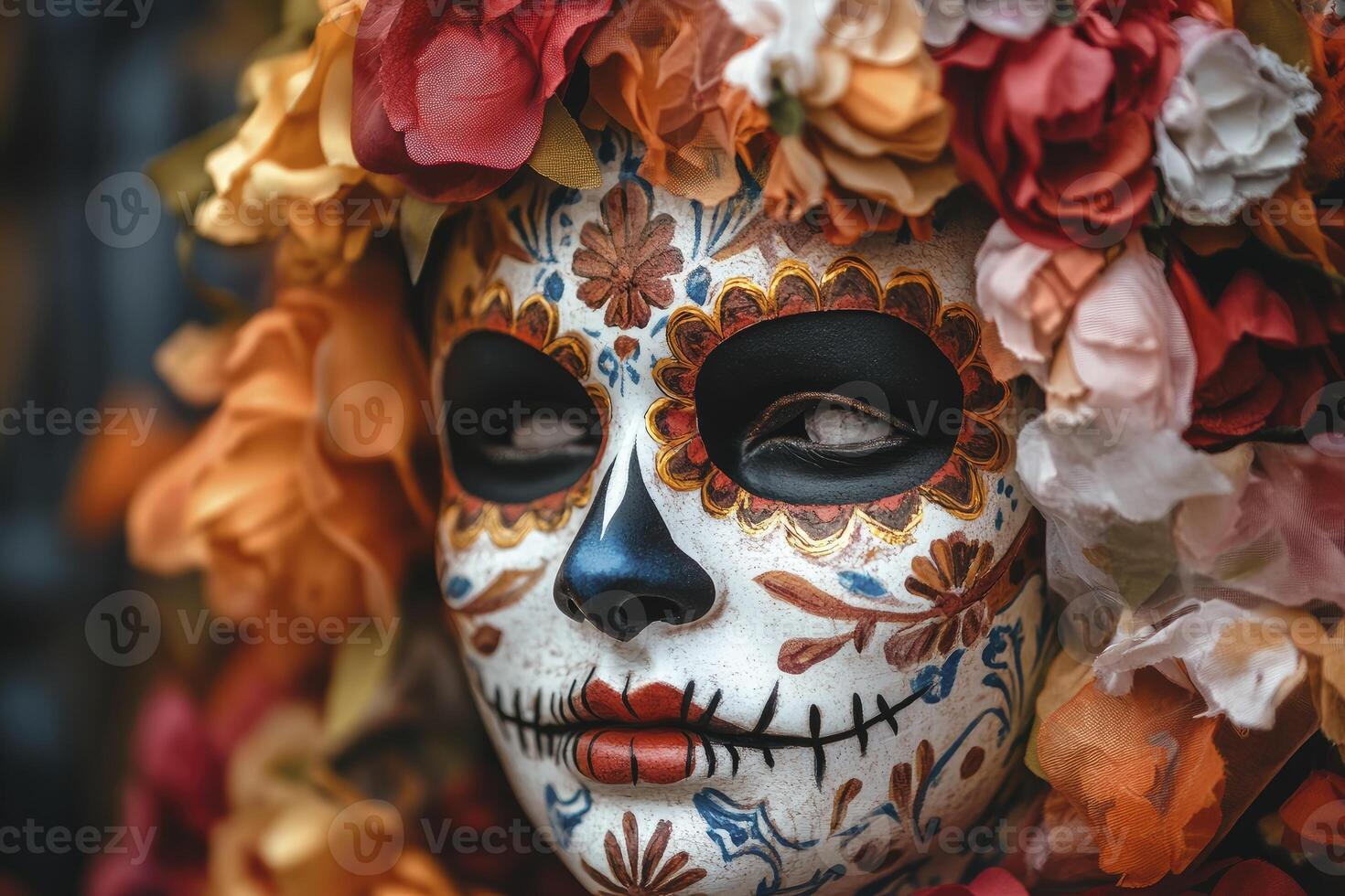 Day of the Dead Face Paint with Flowers and Traditional Makeup photo