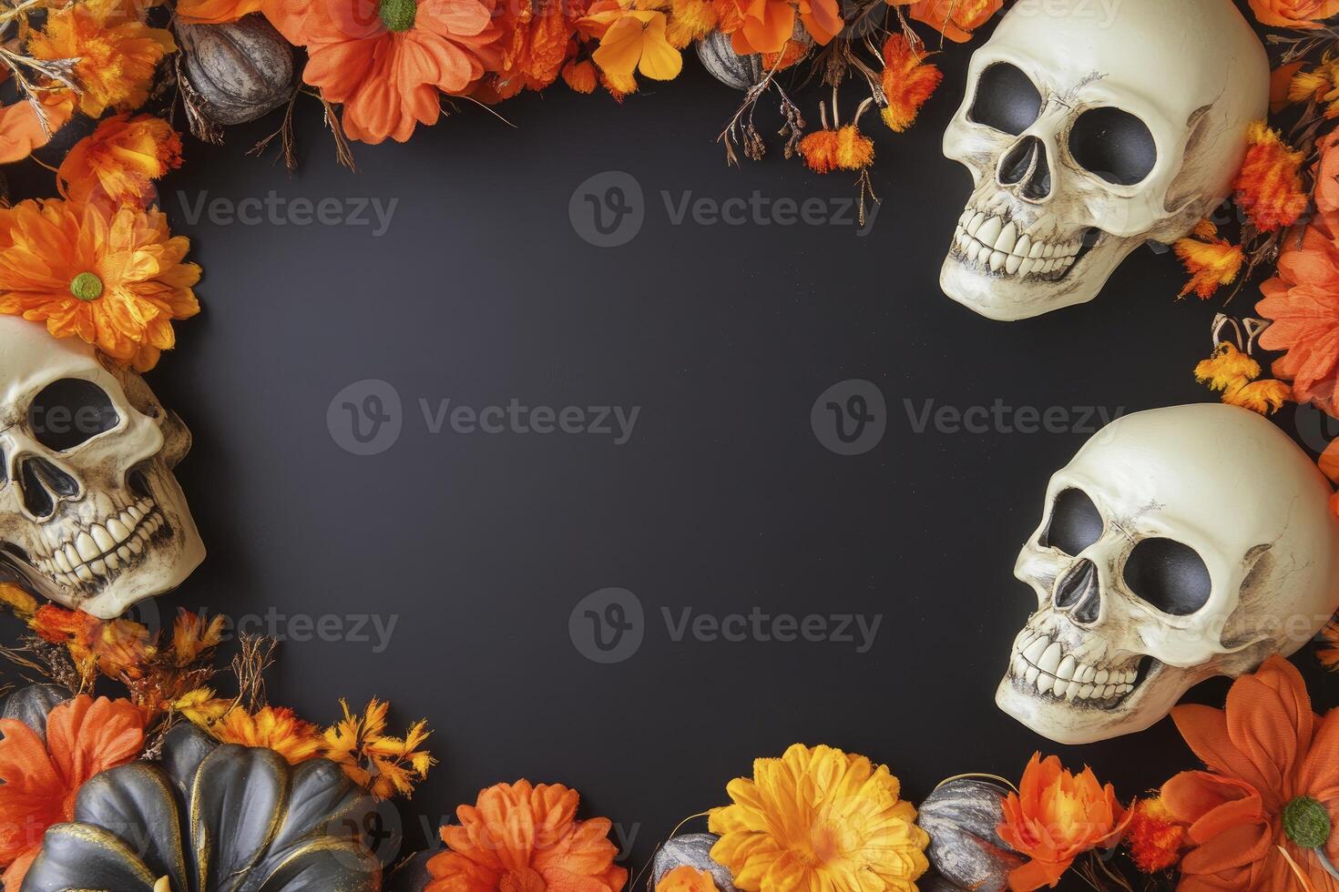 Halloween Decoration Skulls and Flowers on Dark Background with Copy Space photo