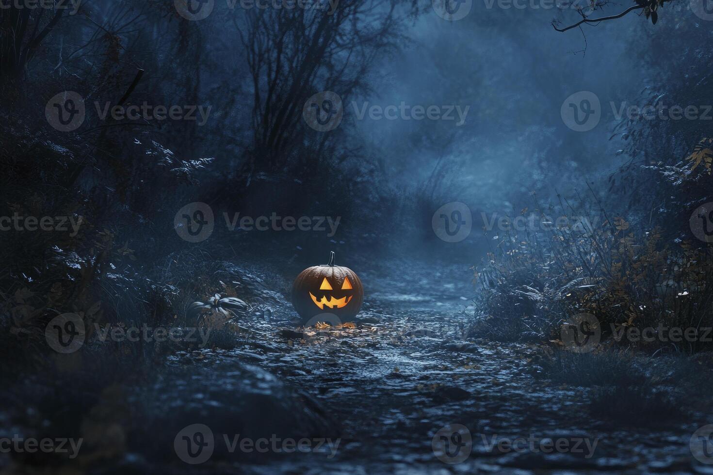 Halloween pumpkin in the woods at night photo