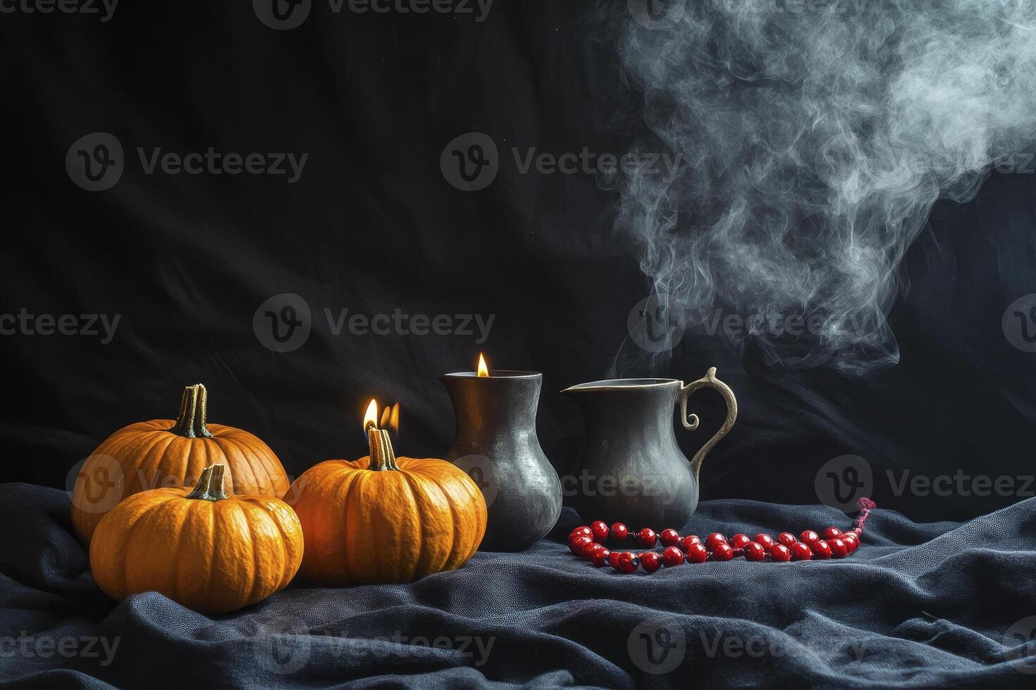 Burning Candles and Pumpkins Still Life with Dark Moody Background photo