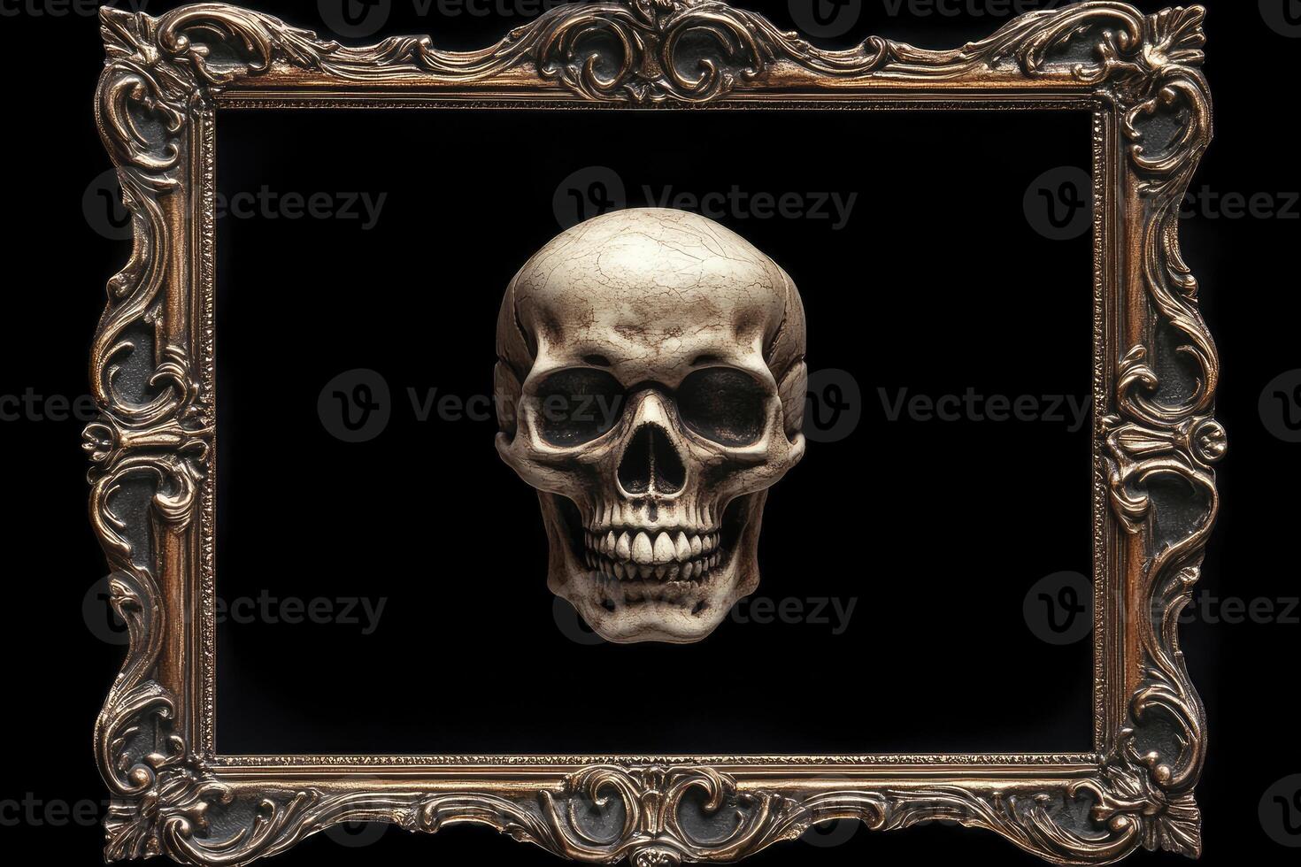 Human Skull Centered in Ornate Gold Picture Frame on Black Background photo