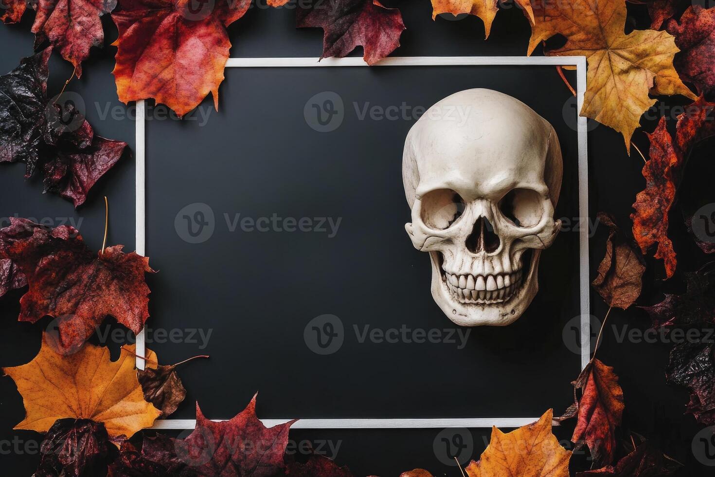 Skull with Autumn Leaves on Dark Background Perfect for Halloween photo