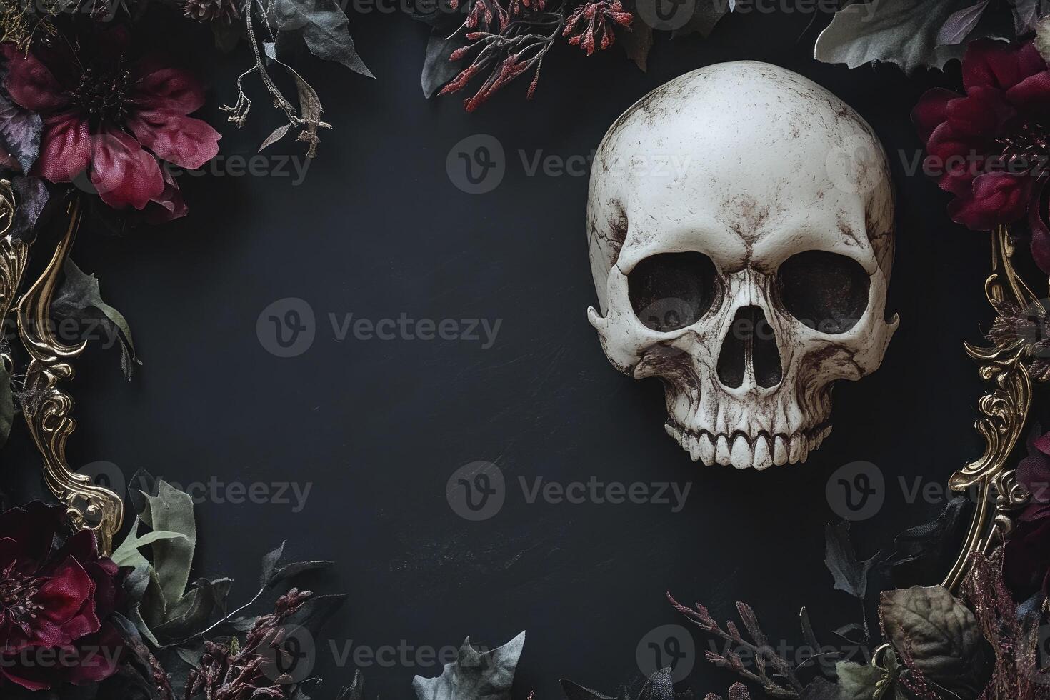 Skull Surrounded by Dark Flowers and Ornament Frame on Black Background photo