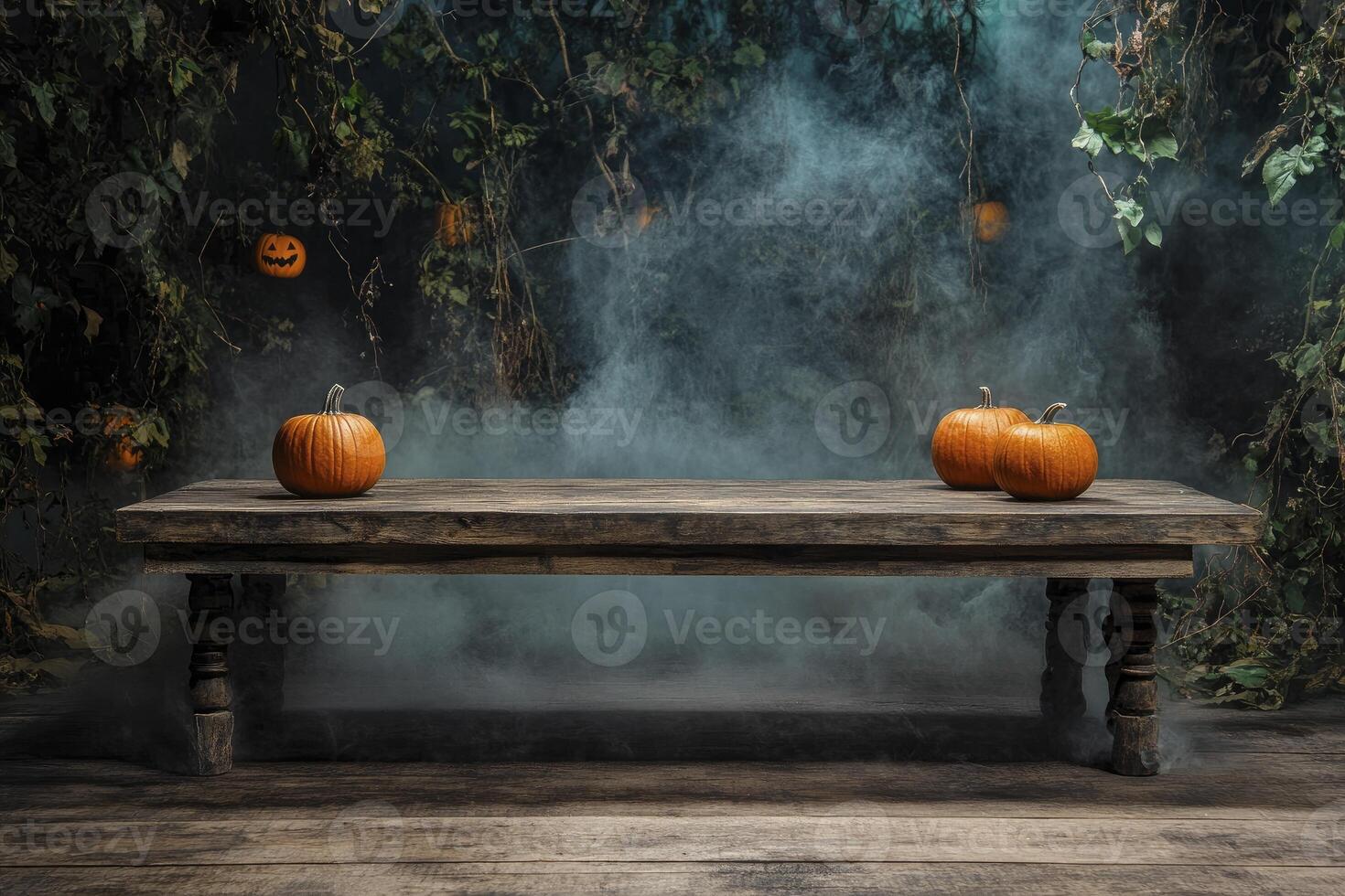 Pumpkins on Wooden Table Setting with Fog for Halloween Mockups photo