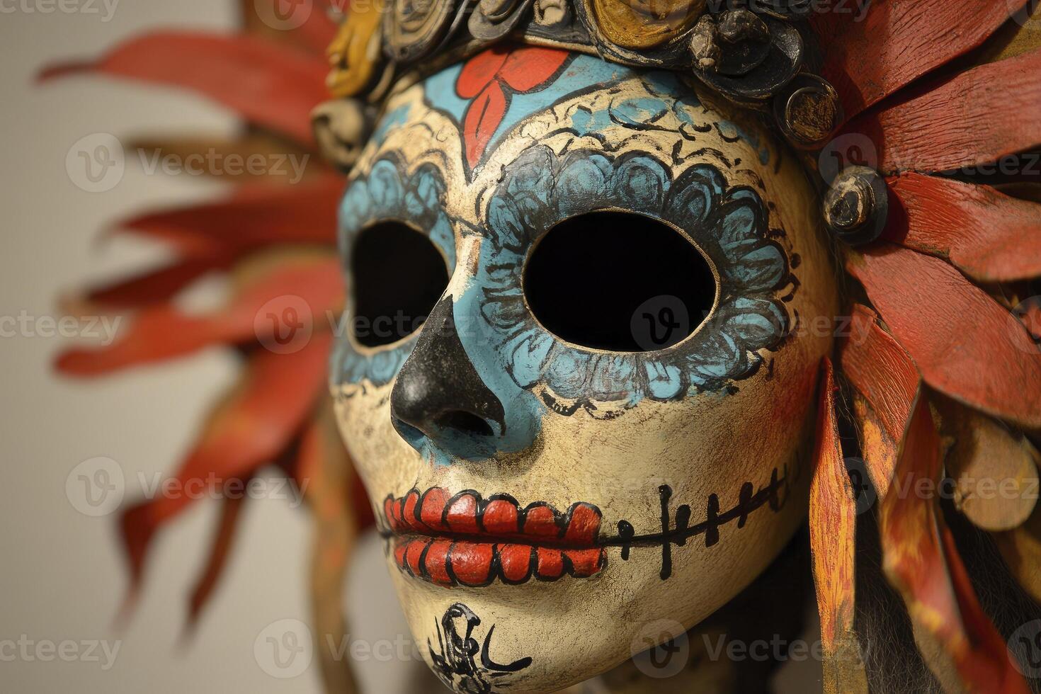 Day of the Dead Mask Close-up with Headdress Detail and Festive Colors photo