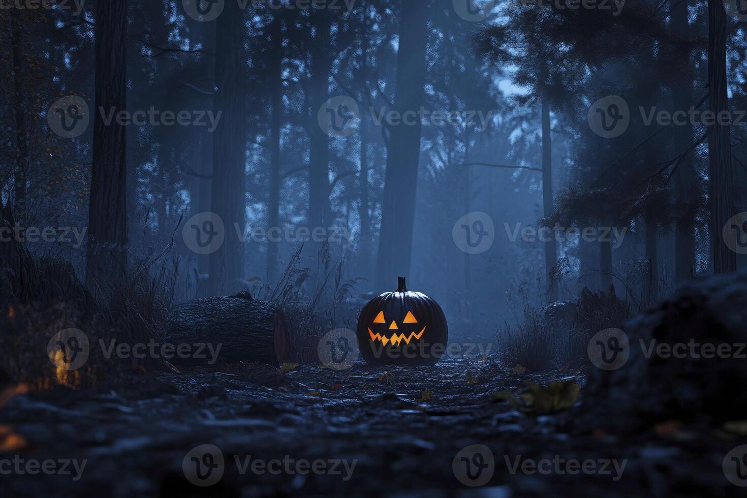 Glowing Halloween Pumpkin in Dark Foggy Forest Trail at Night photo