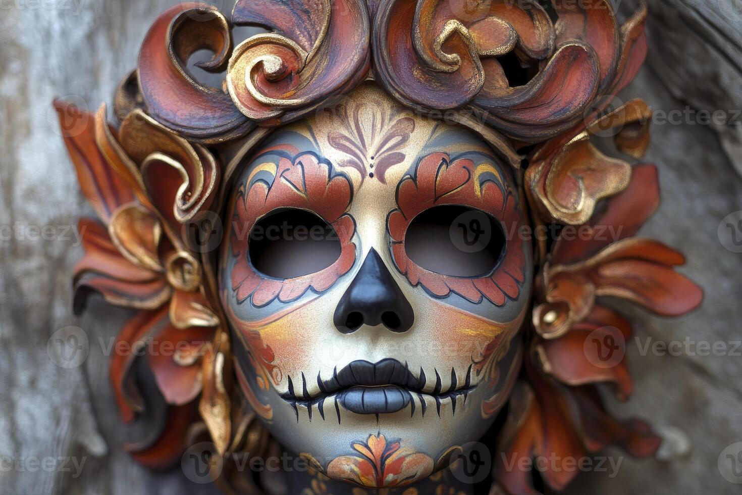 Ornate Sugar Skull Mask with Floral Headdress for Day of Dead photo