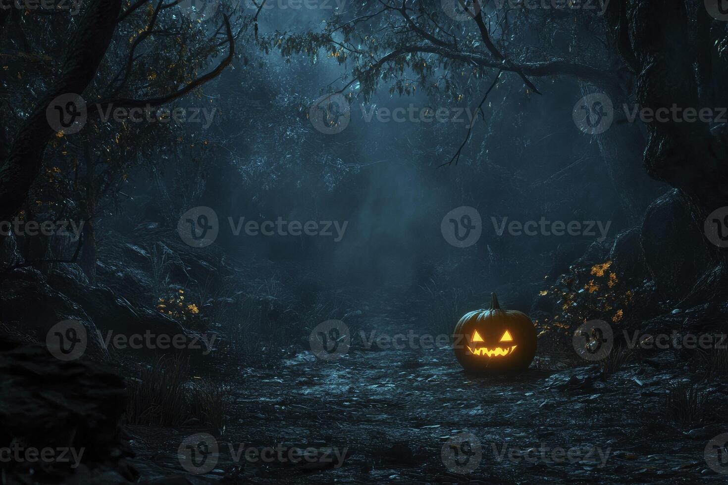 Glowing Jack O Lantern in Dark Forest Path for Halloween Night photo