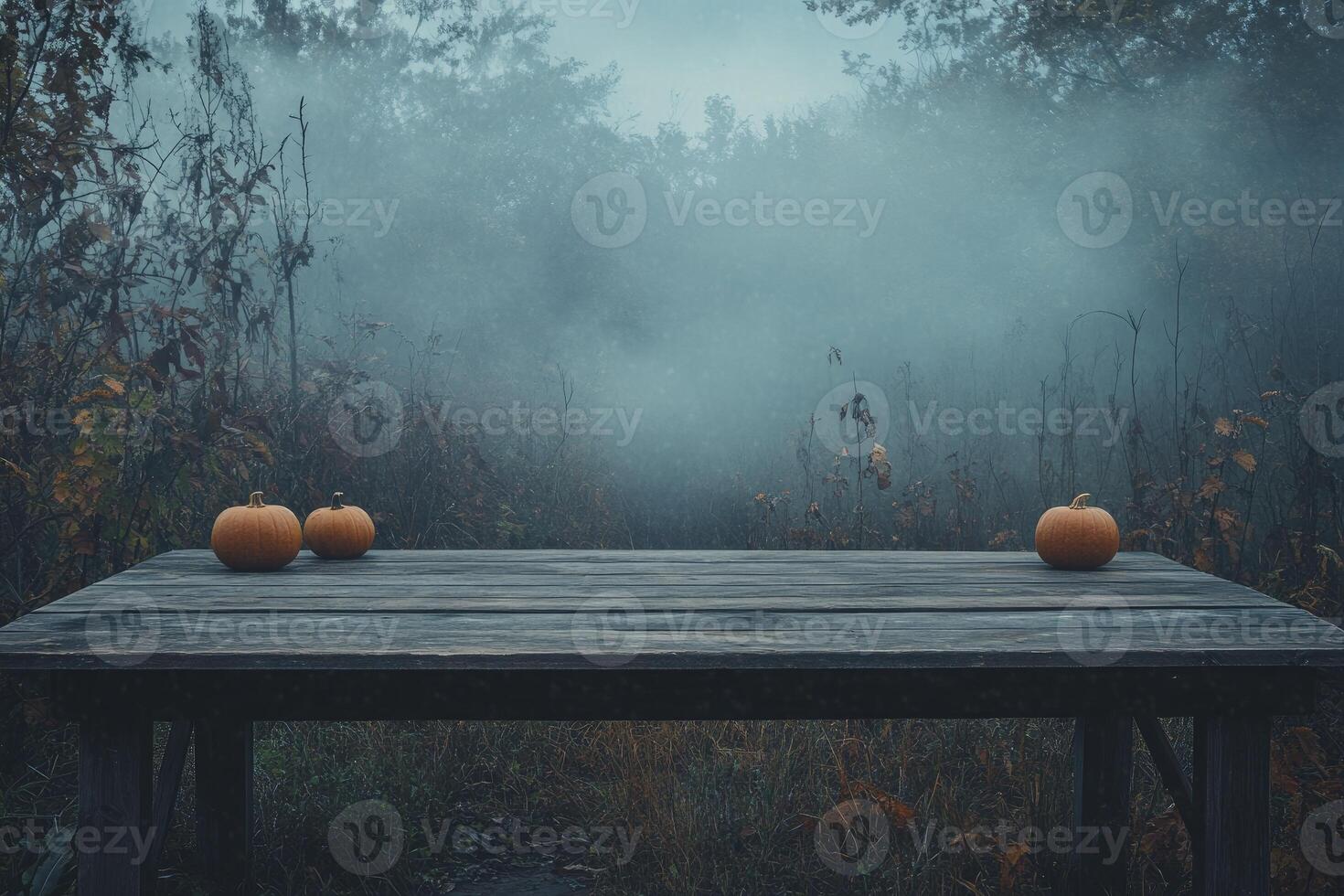 Pumpkins on Rustic Table in Foggy Autumn Forest Spooky Halloween Scene photo