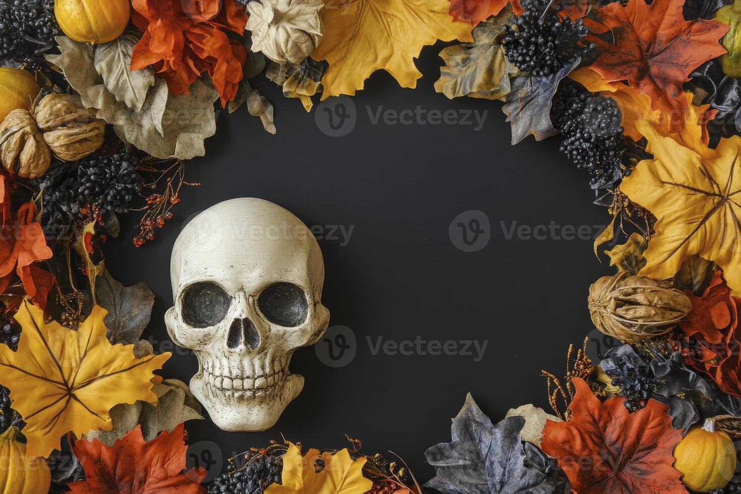 Skull with Autumn Leaves Arrangement on Black Background for Halloween photo