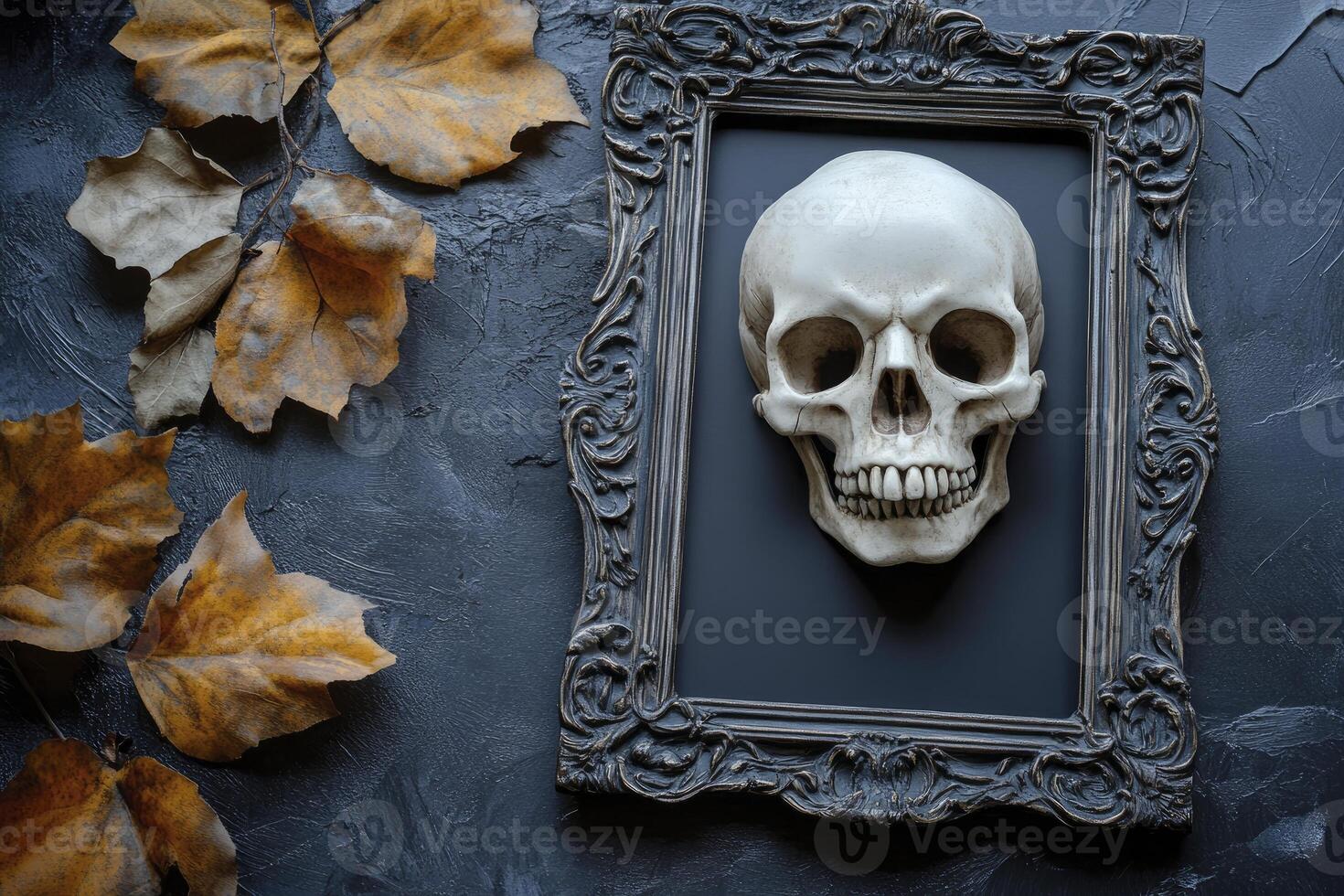 Skull in Antique Frame with Autumn Leaves on Dark Textured Background photo