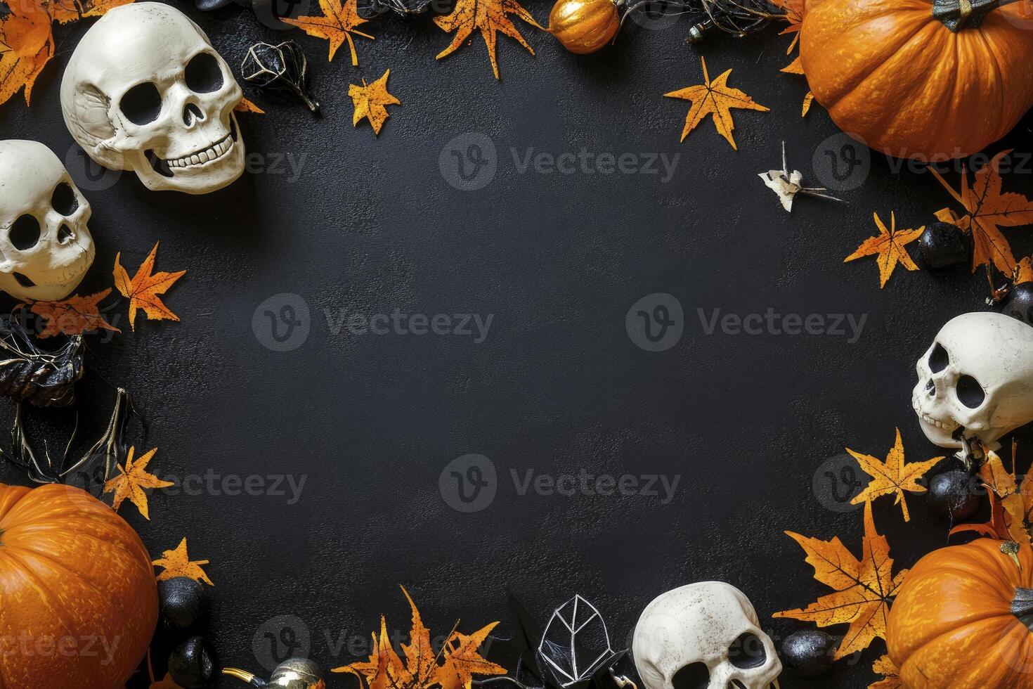 Halloween Background with Pumpkins, Skulls, and Autumn Leaves on Dark Surface photo
