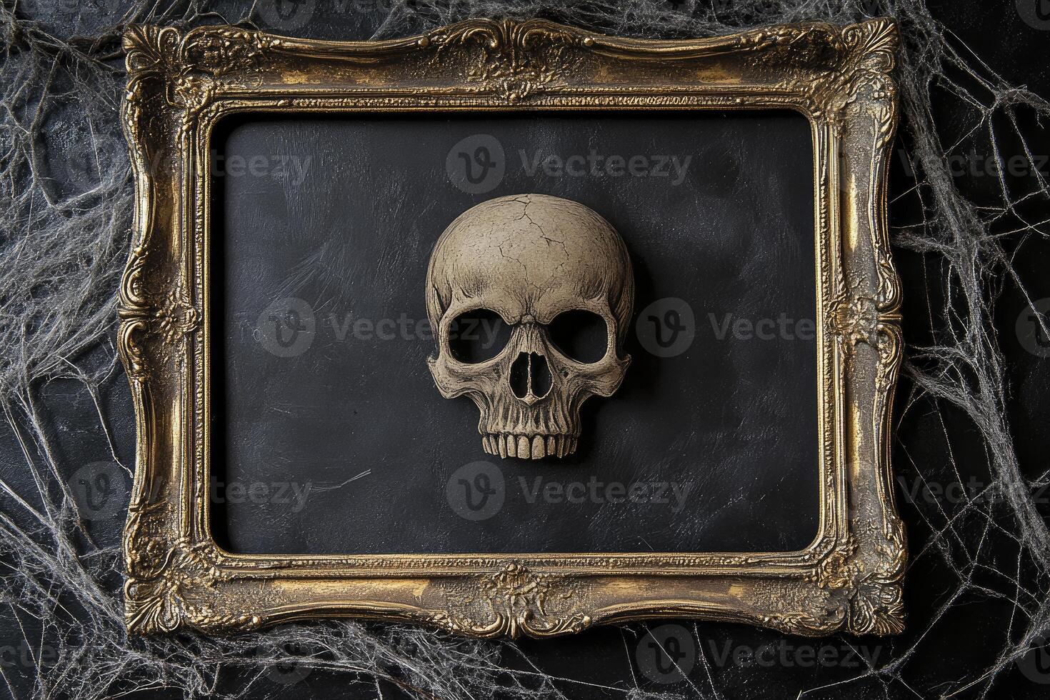 Skull in Antique Gold Frame with Spider Web for Halloween Decor photo