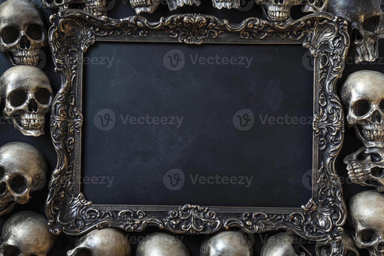 Ornate Picture Frame Surrounded by Skulls for Halloween or Gothic Art photo