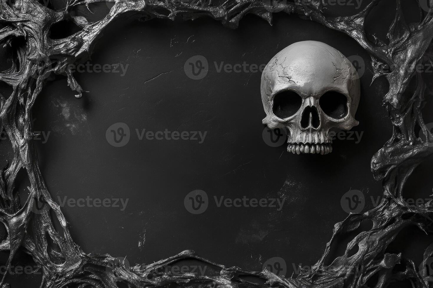 Creepy Skull on Dark Background with Organic Frame - Halloween Concept photo