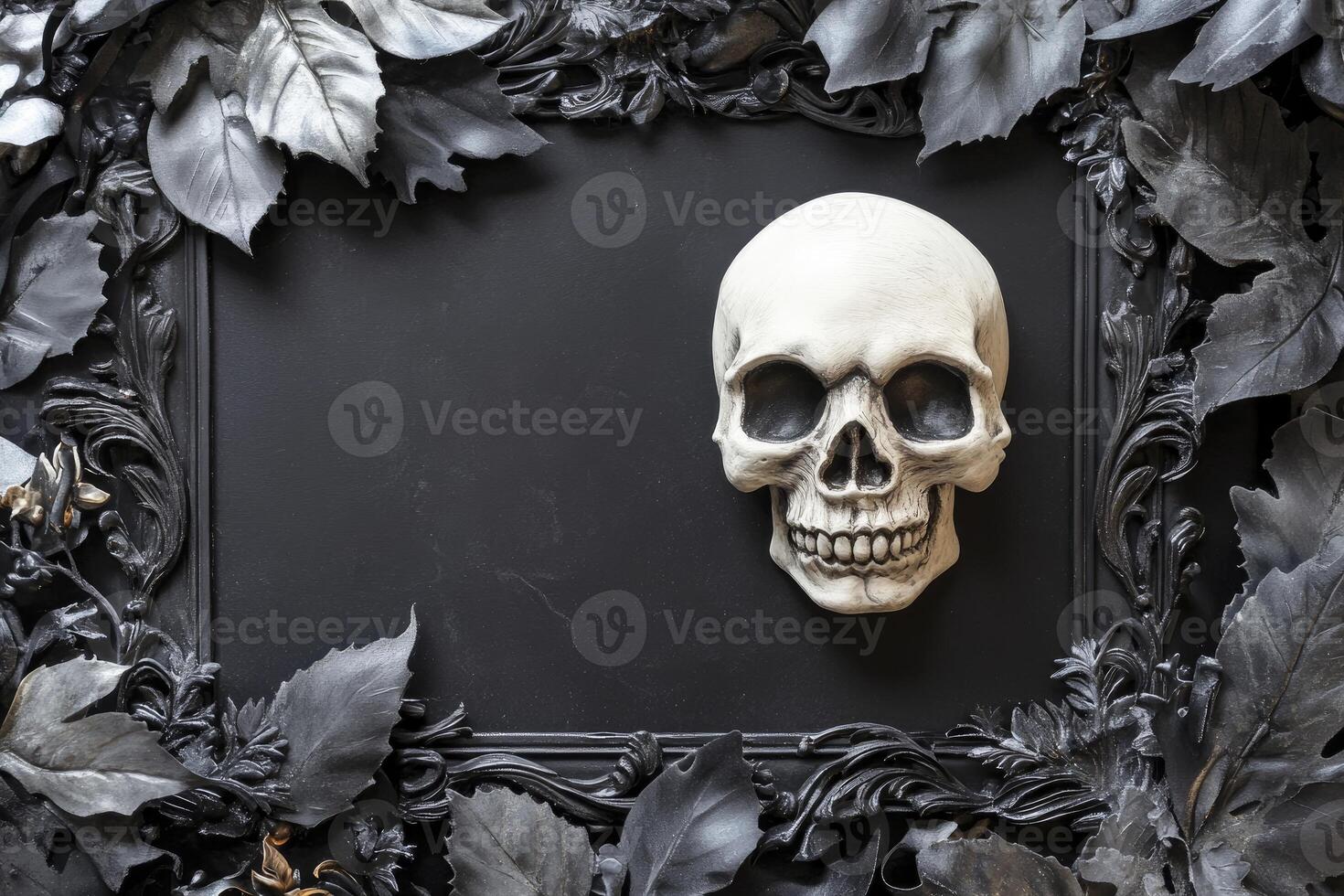 Skull in Dark Frame with Leaves - Halloween, Gothic, Spooky Theme photo