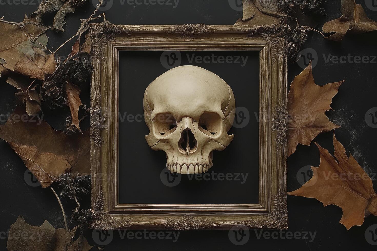 Skull in Frame with Autumn Leaves Spooky Halloween Themed Decoration photo
