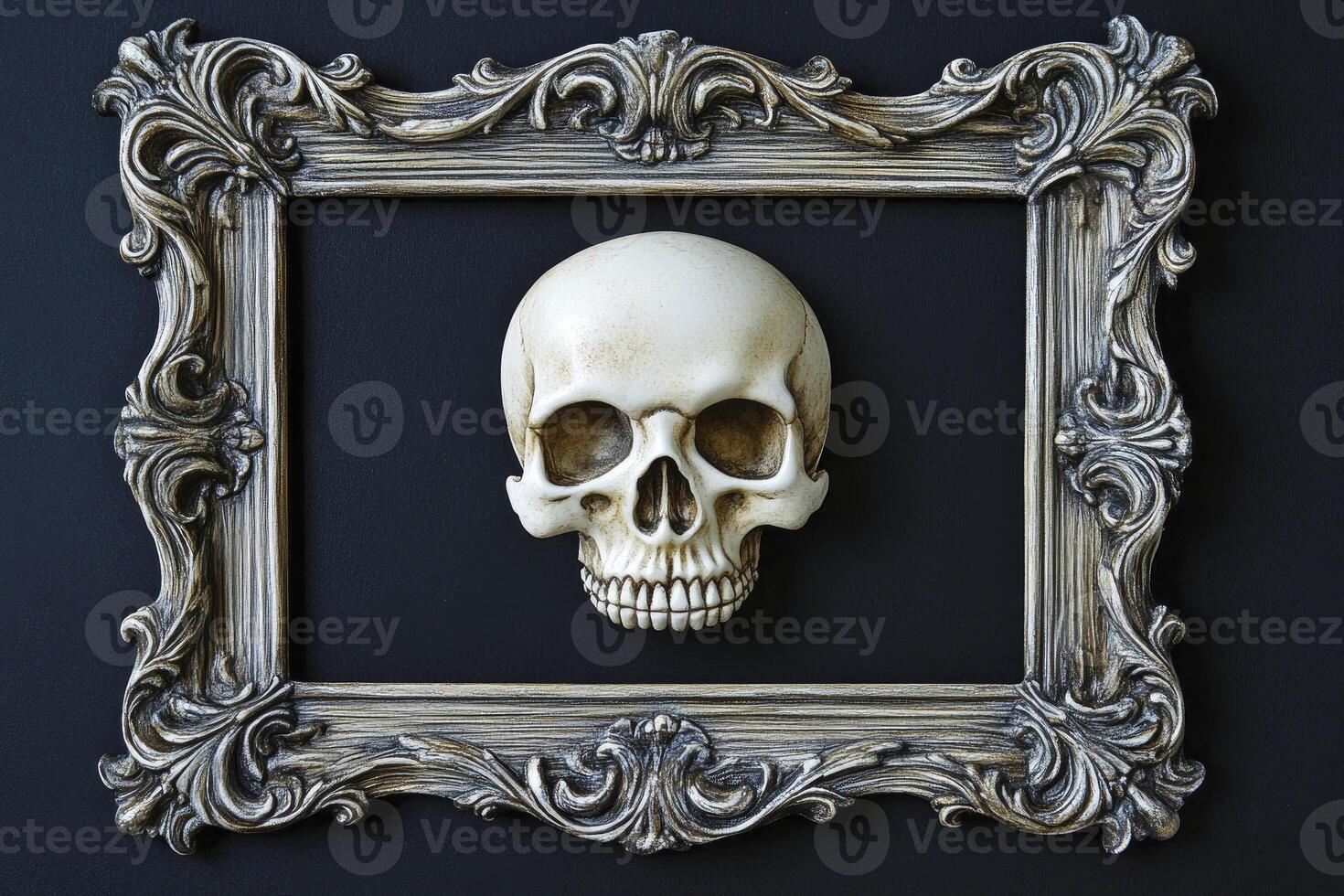 Framed Skull Artwork Against Dark Background Perfect for Halloween Concepts photo