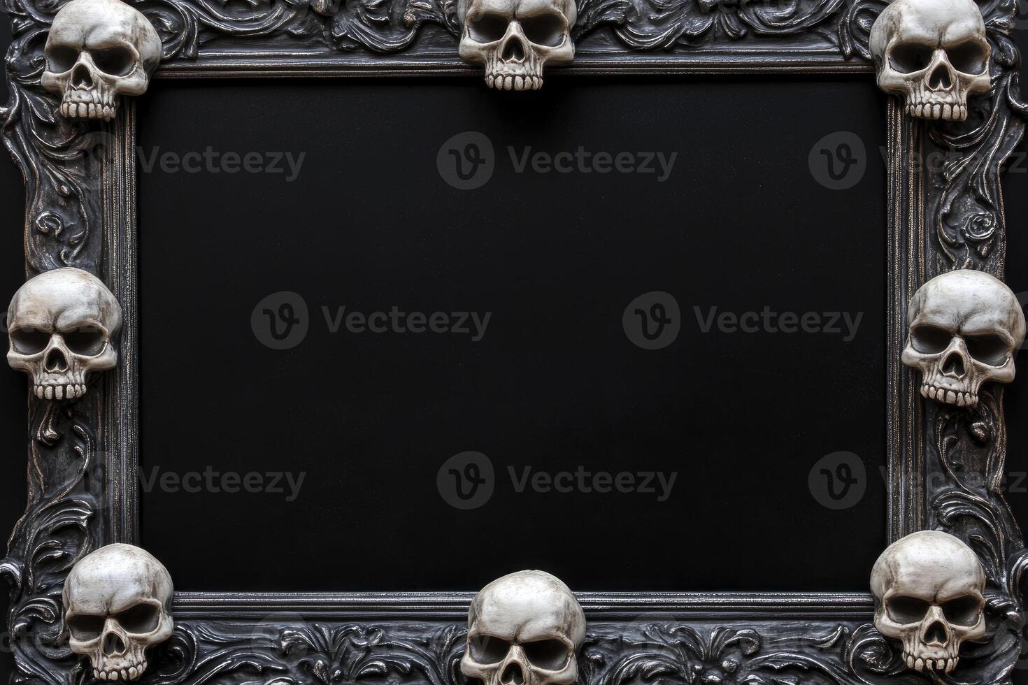 Skull Decorated Frame on Black Background for Halloween Message or Design photo