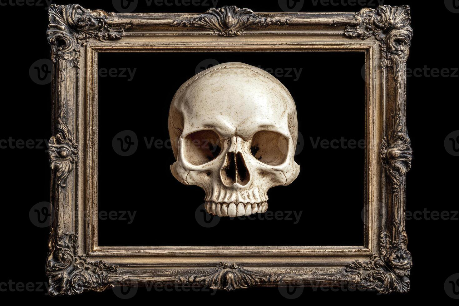Skull in Ornate Frame on Black Background - Macabre Still Life photo