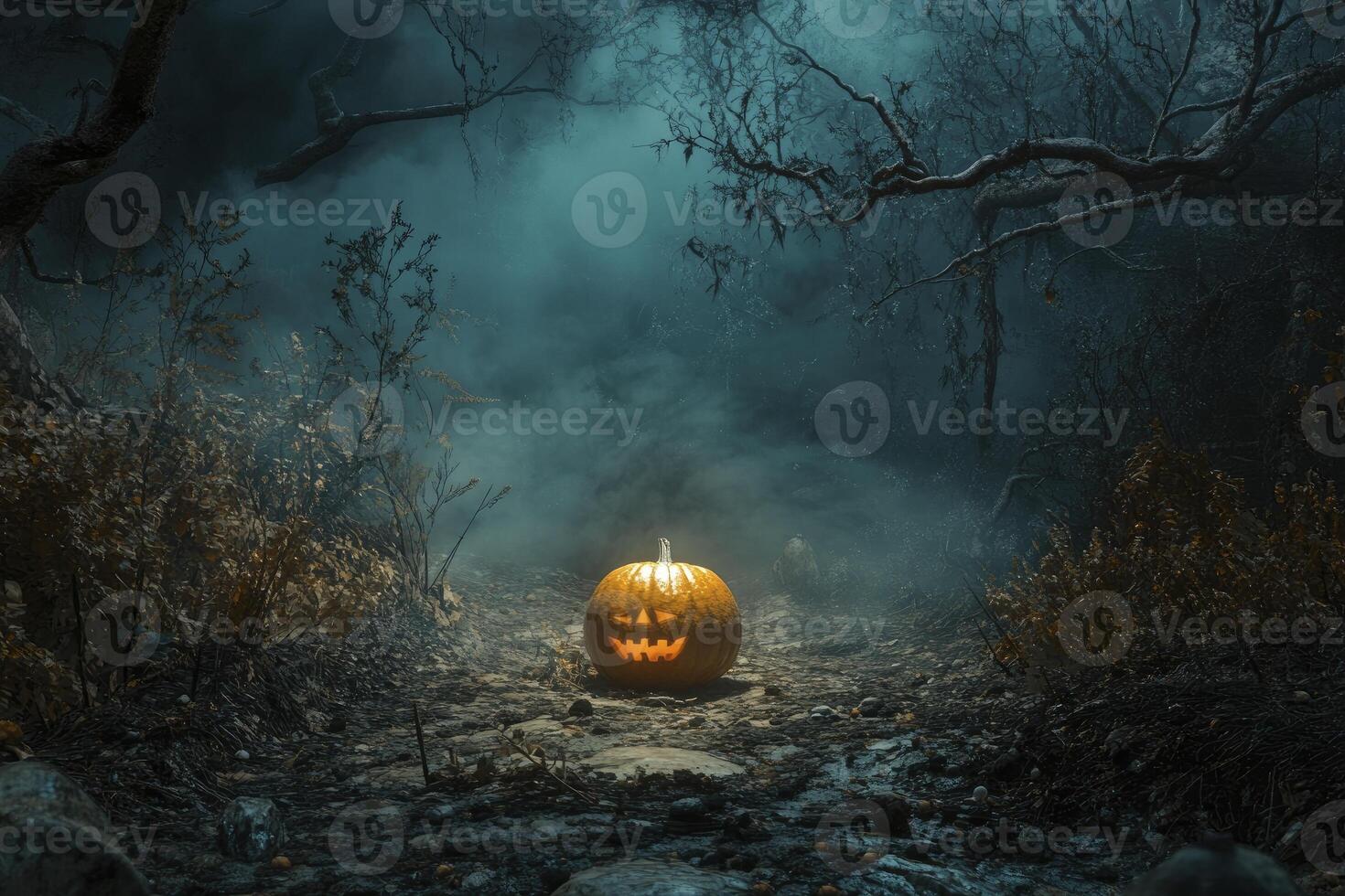 Halloween pumpkin in the woods with fog and trees photo