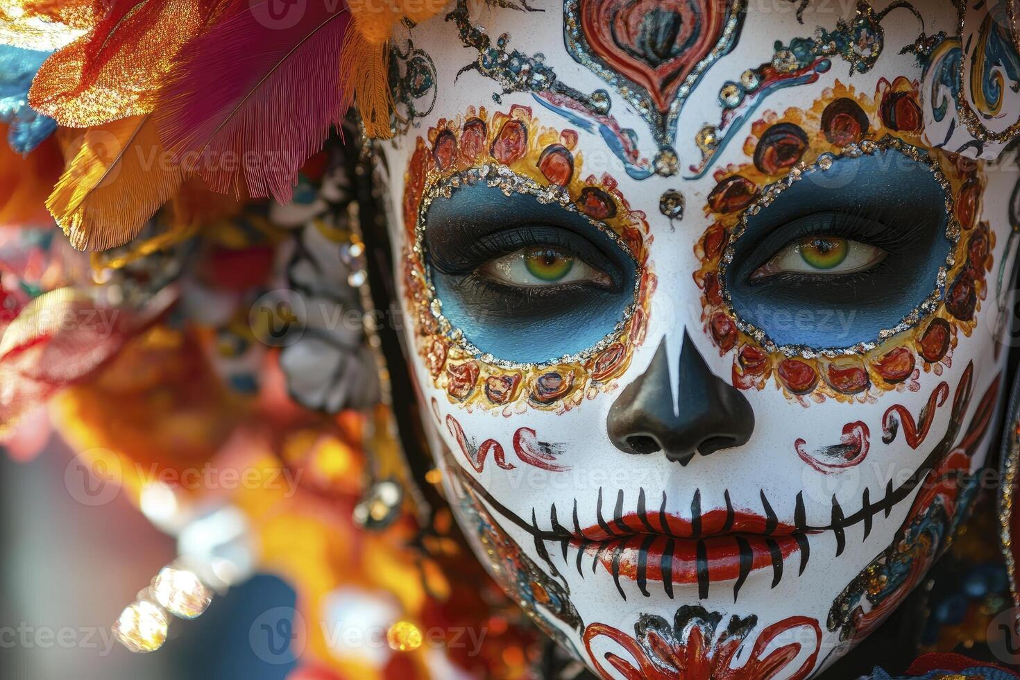 Woman with Sugar Skull Makeup and Feathered Headdress at Carnival photo