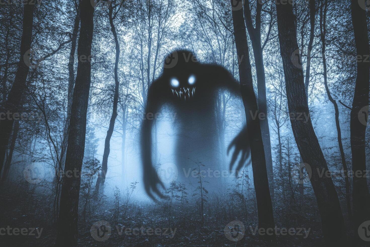 Spooky Silhouette Appears in Foggy Forest Halloween Concept Illustration photo