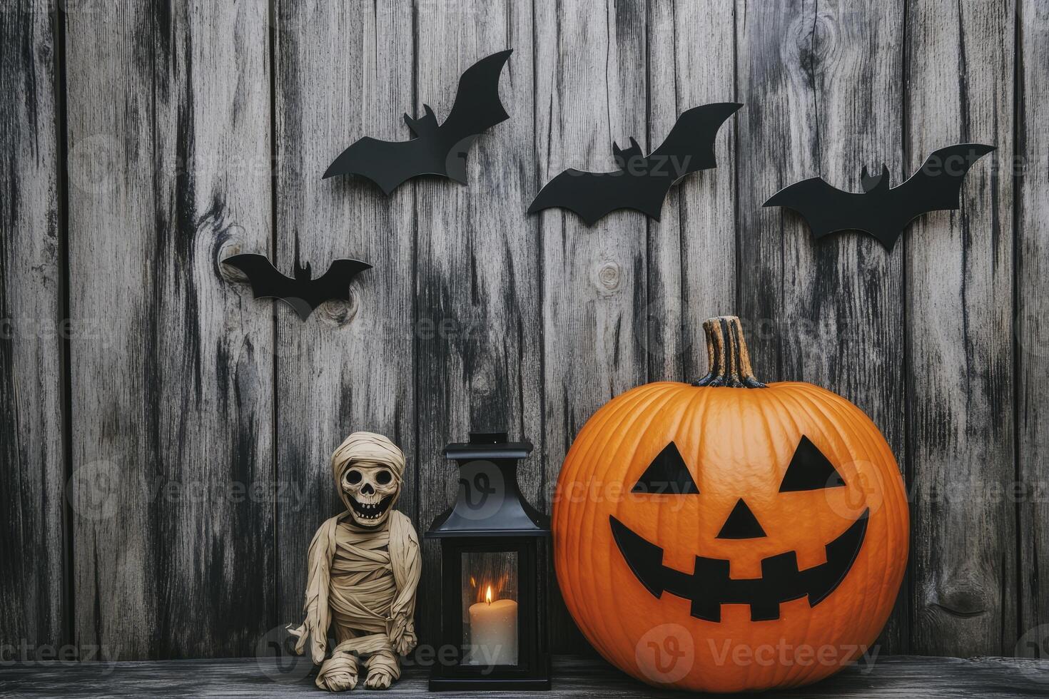 Halloween Still Life with Pumpkin, Mummy Figure, Lantern, and Bats photo