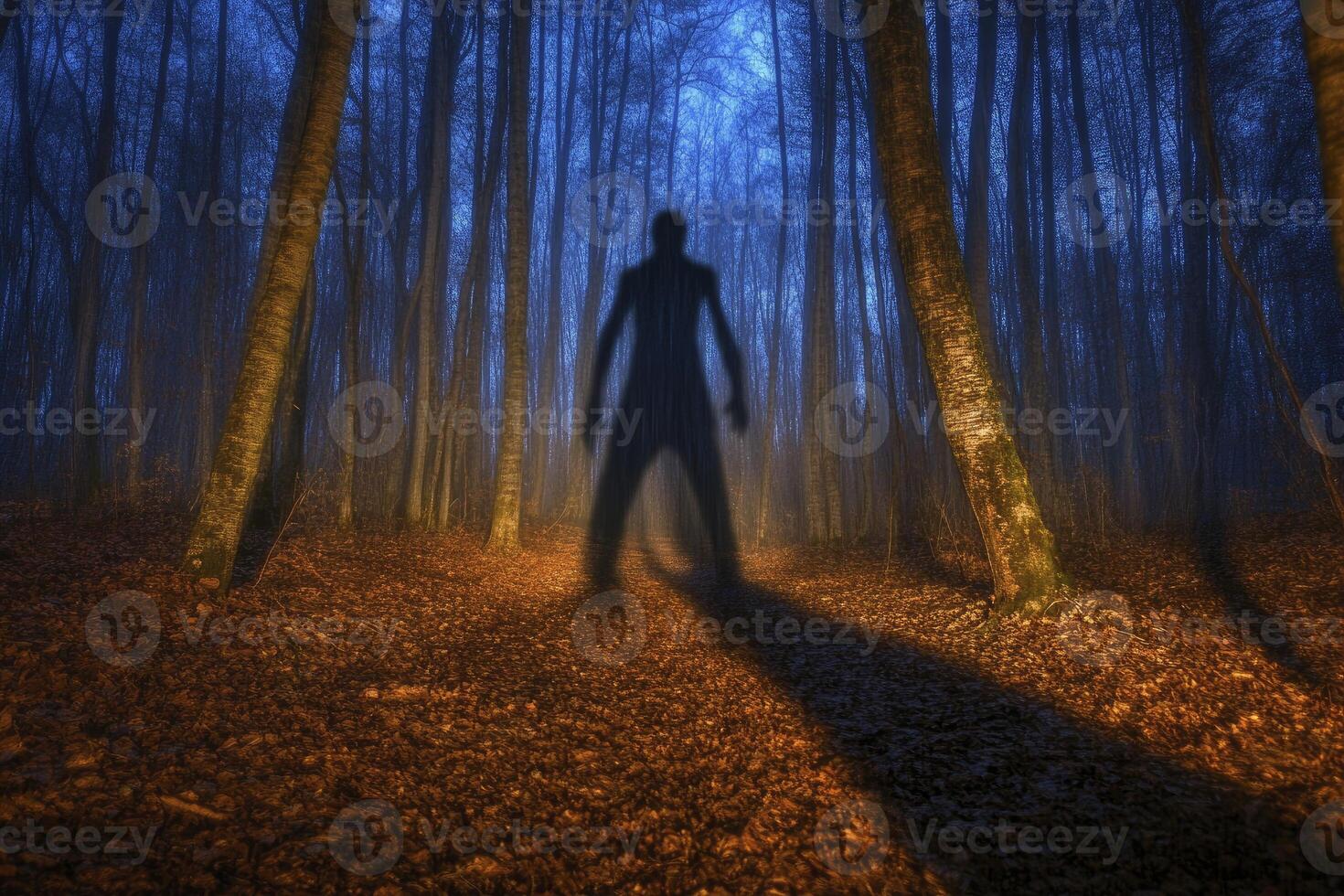 Silhouette in Dark Forest Path Creates Eerie and Mysterious Atmosphere photo