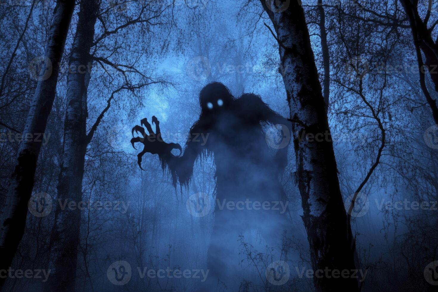 Creepy Monster Shadow Emerging From Misty Forest at Night Halloween photo