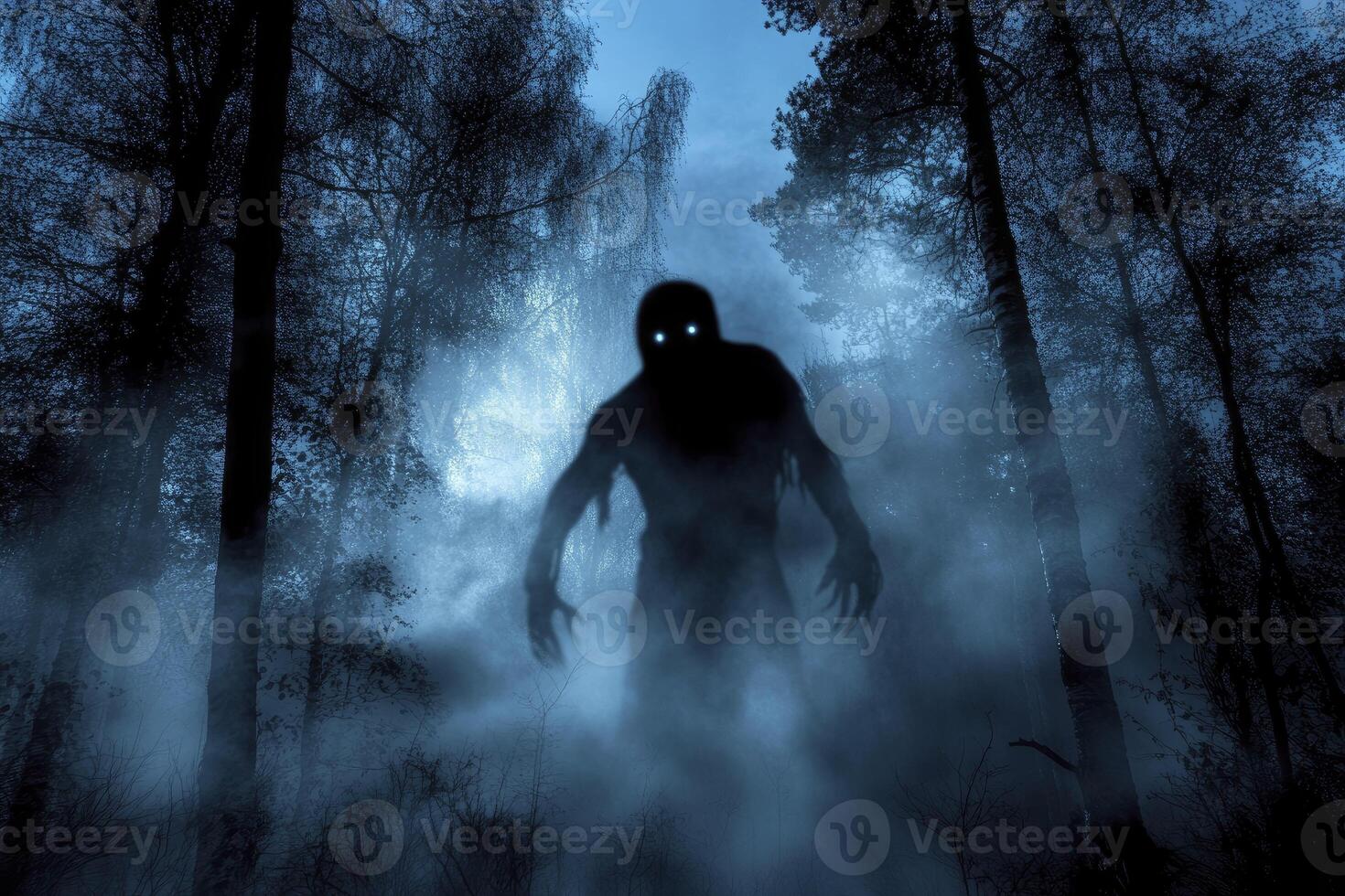 Eerie Creature Emerging From Foggy Forest at Night for Halloween photo