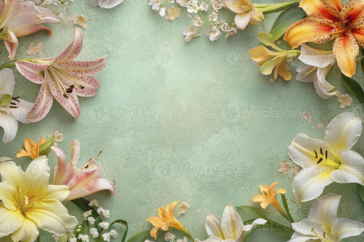 Floral Frame with Lilies and Textured Background for Spring Designs photo