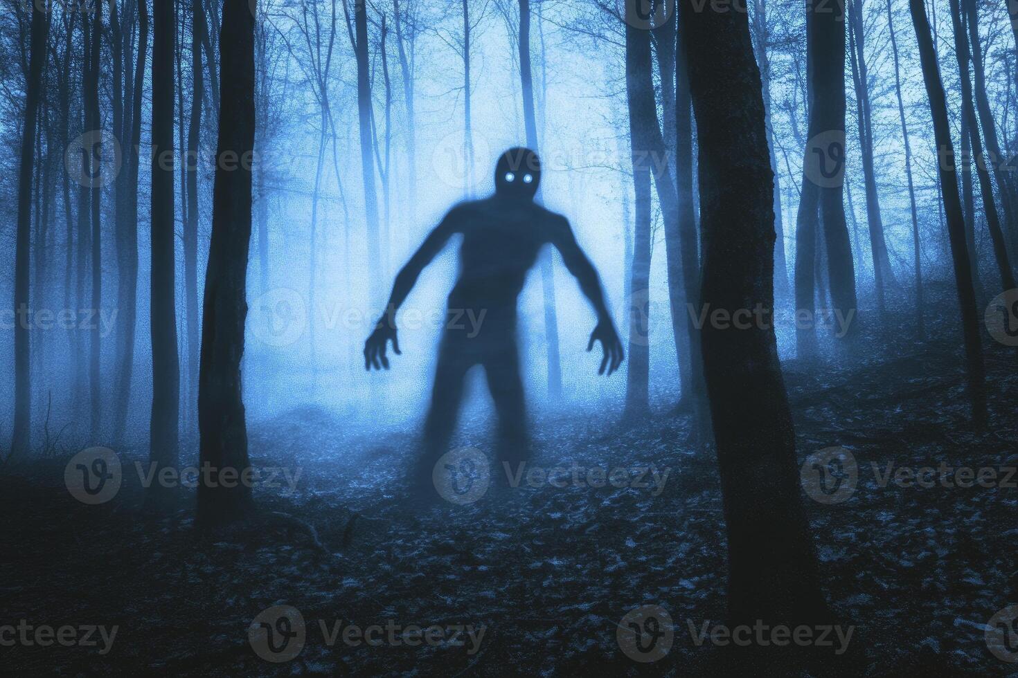 Eerie Forest Creature Apparition in Blue Mist Creates Chilling Halloween Scene photo