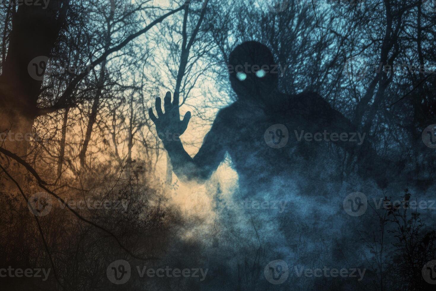Eerie Figure Emerging From Misty Woods with Glowing Eyes Illustration photo