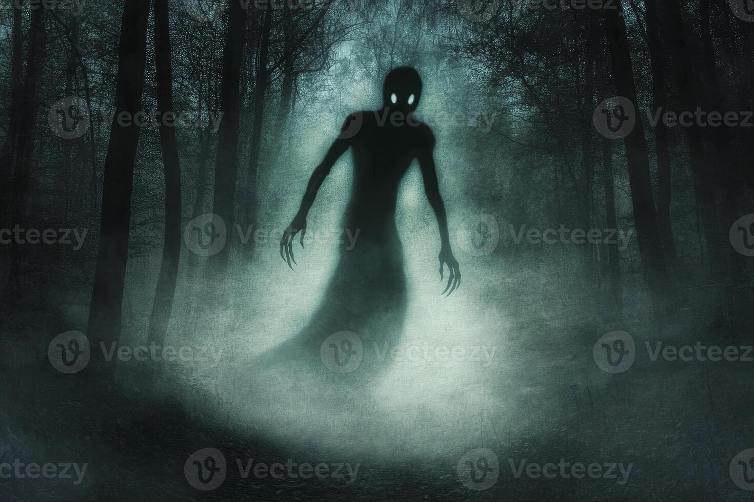 Mysterious Shadowy Figure Apparition Emerging From a Dark Forest at Night photo