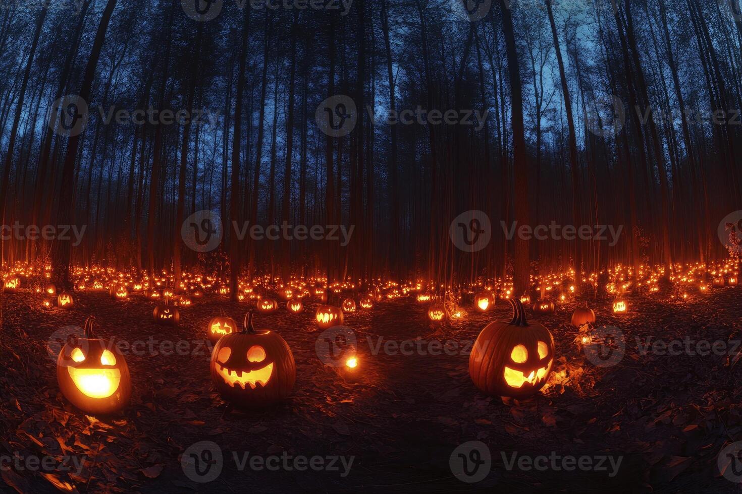 Glowing Jack O Lanterns in Dark Forest Scene for Halloween photo