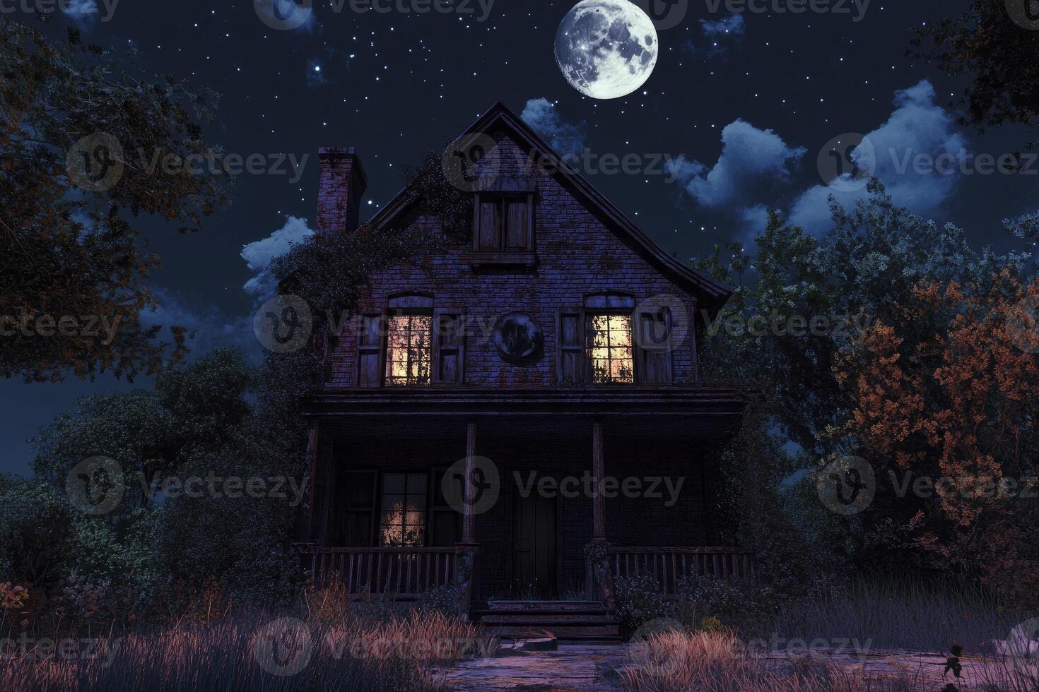 Spooky Haunted House at Night Under Full Moon with Glowing Windows photo