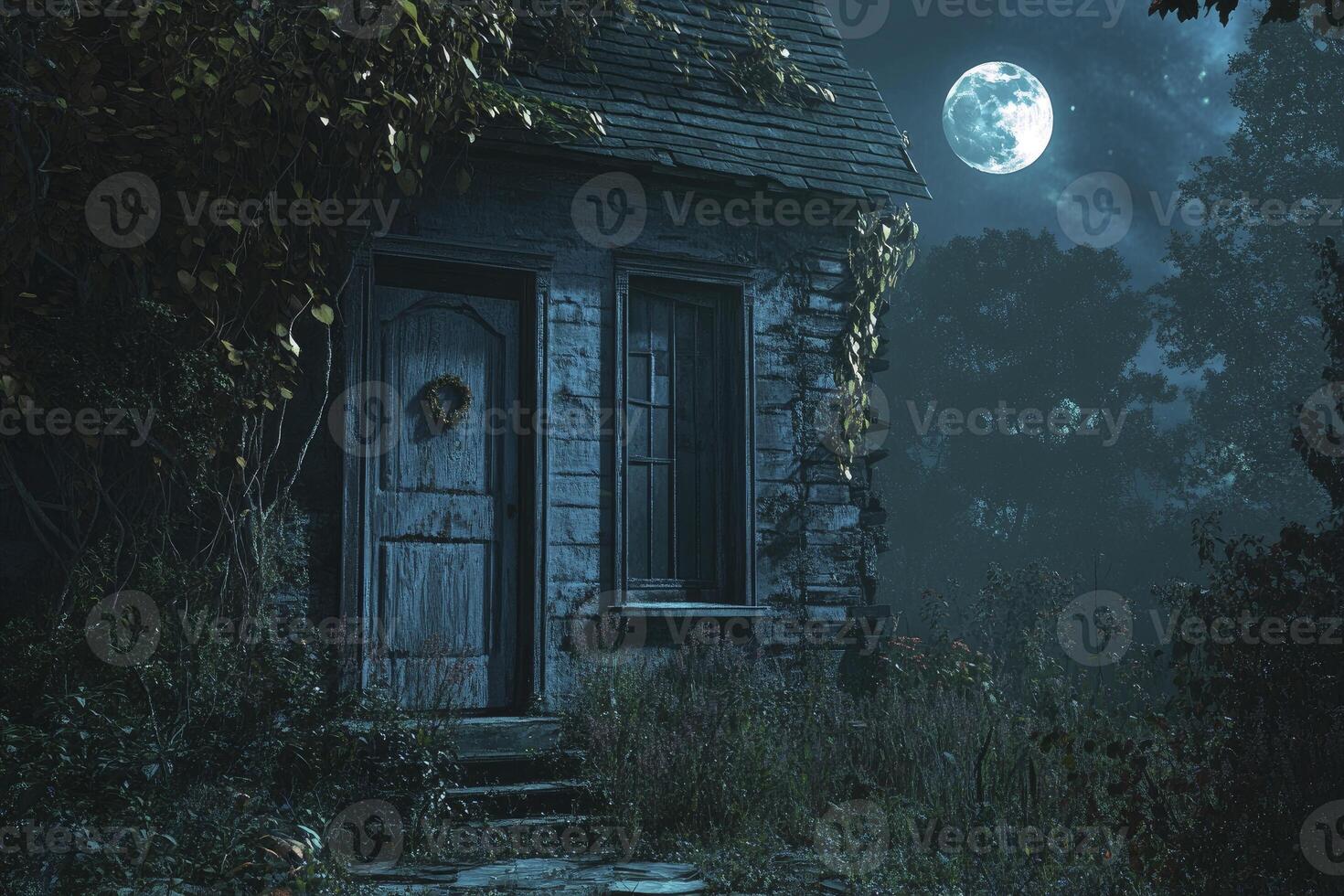Old House at Night with Full Moon Glowing and Overgrown Vines photo