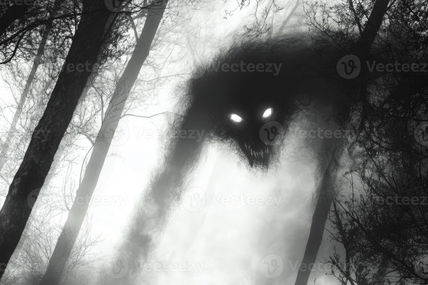 Dark Creature in Misty Forest with Glowing Eyes and Menacing Grin photo