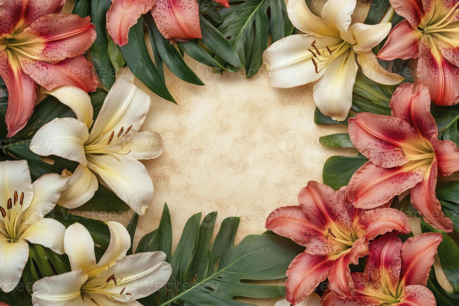 Lily Flowers and Monstera Leaves Frame on Beige Background for Text photo