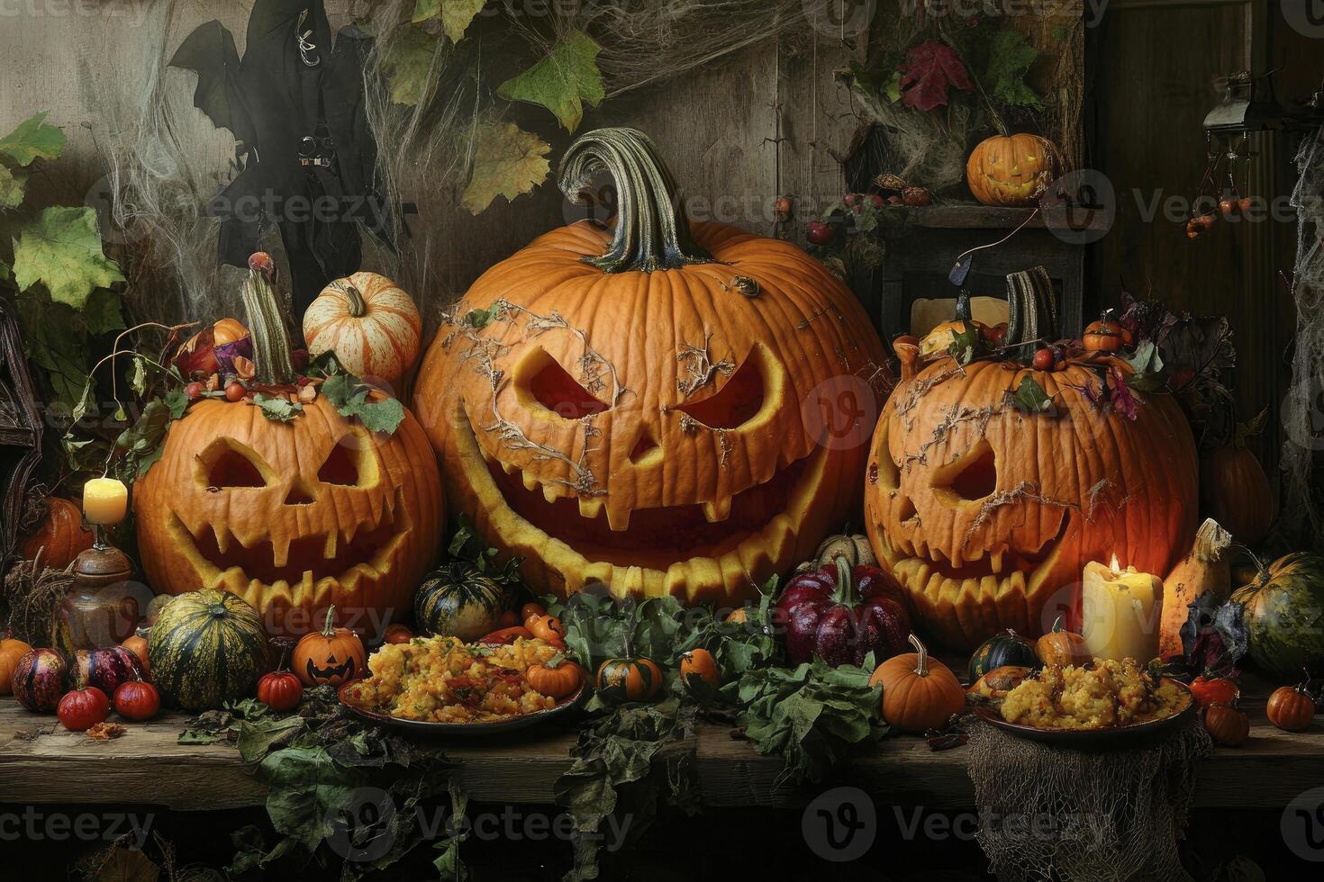 Halloween pumpkins and pumpkins on a table photo