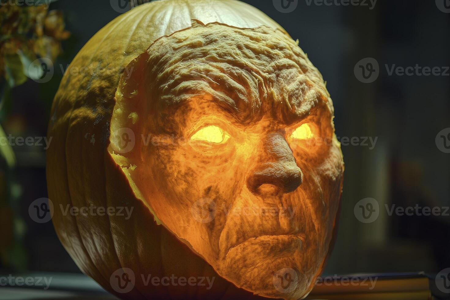 Carved Pumpkin Face Glows Eerily Creating a Scary Halloween Decoration photo