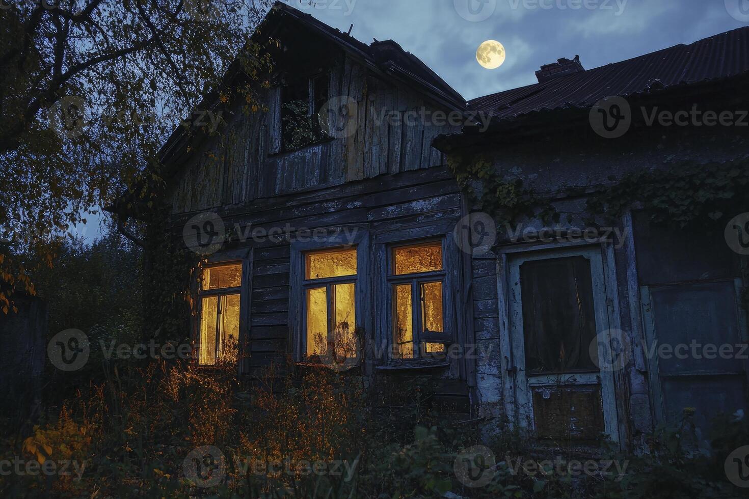 Exploring Creepy Old House at Night with Full Moon and Lights photo