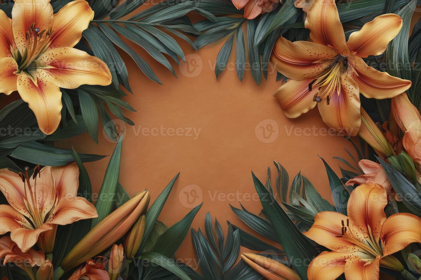 Orange Lily Flower and Green Leaf Frame on Brown Background photo